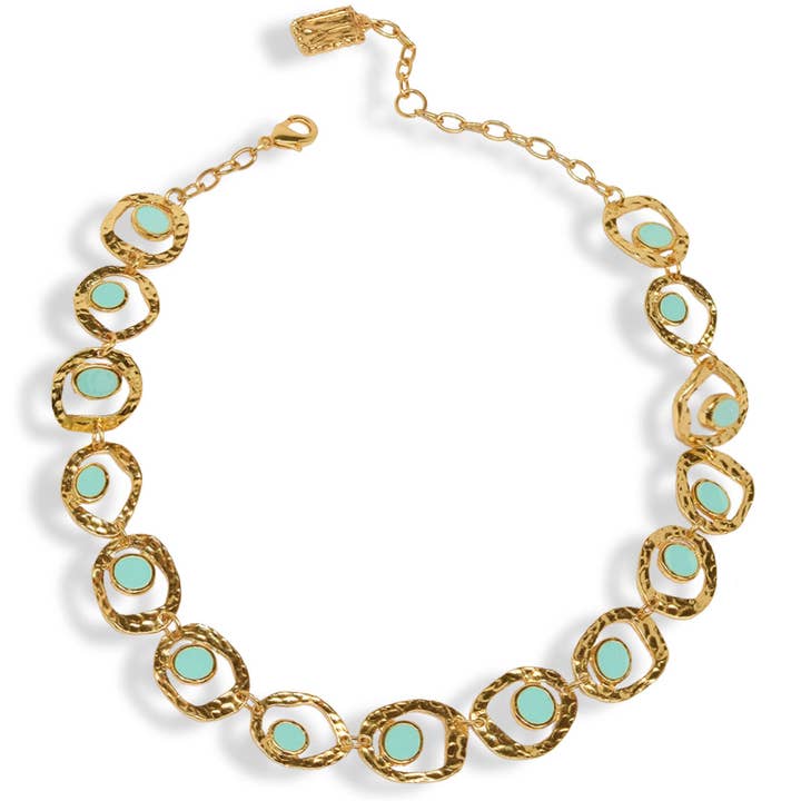 Collier à maillons découpés en émail turquoise pour la vente par KARINE SULTAN