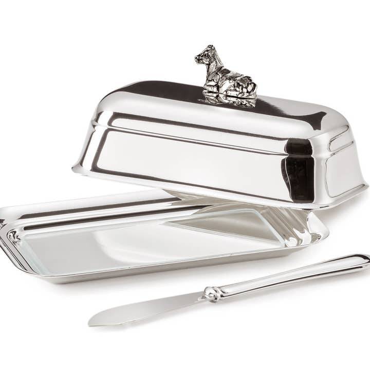 Butter Dish Cow with Glass Plate, Silver-Plated, 8 x 13 cm for wholesale by EDZARD