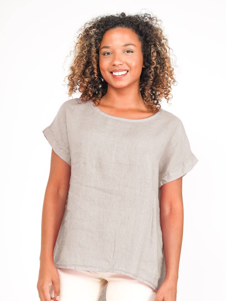 L'Emotion – Túnica - Mulher por atacado – T-shirt com Abertura Traseira com Botões 100% Linho1