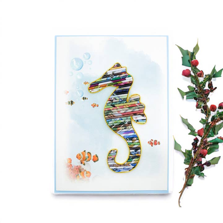 Loving Nature - Wholesale Everyday Greeting Card - Rolled Paper Seahorse Card Handmade from Recycled Magazine