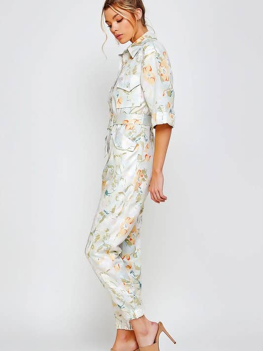 Pink Irene Wholesale – wholesale Jumpsuit - Dam – BLOMMIG TRYCKKNAPP NER BESKURNA TRÖJA JUMPSUIT