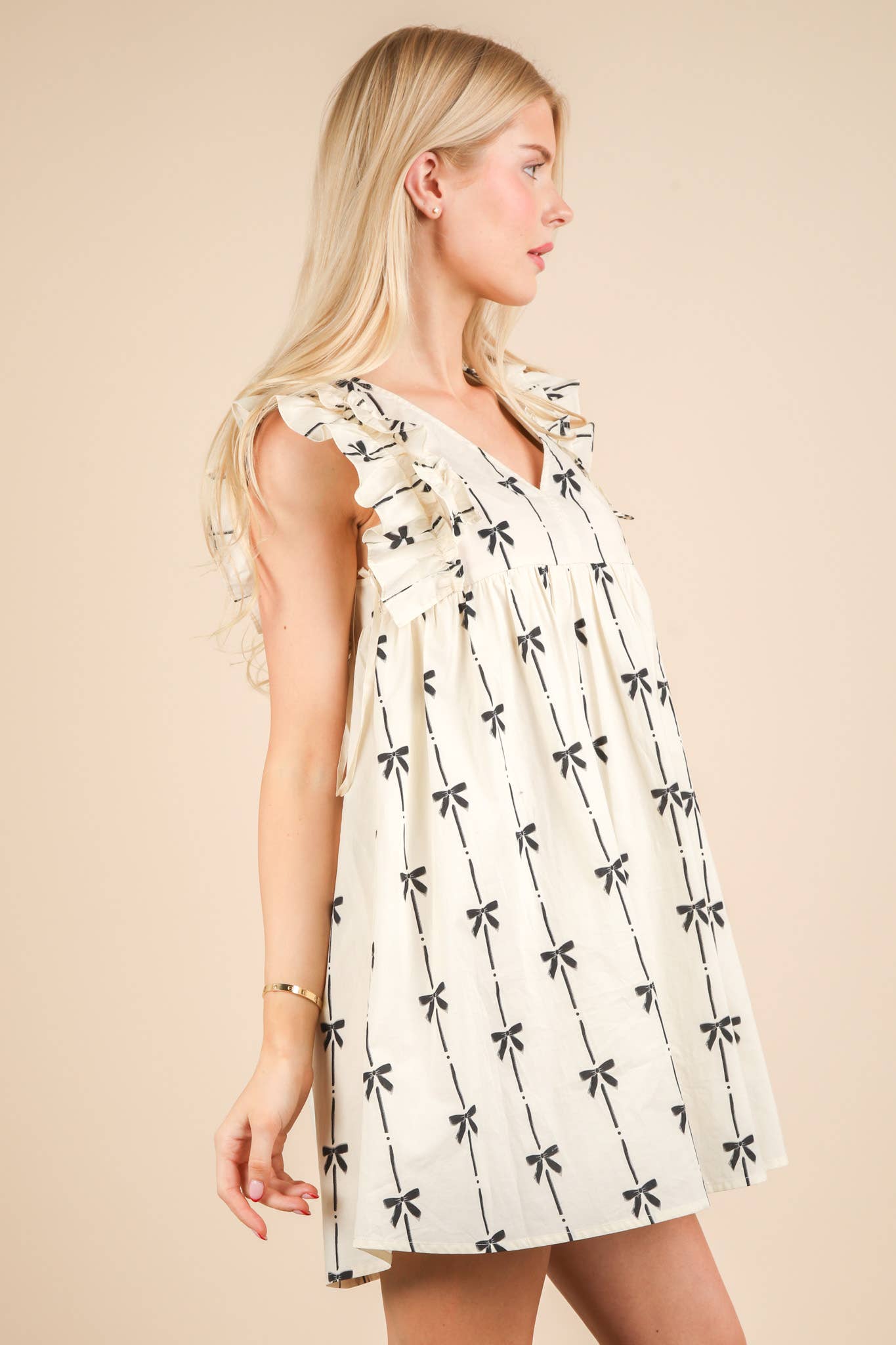 VERY J - Wholesale Dress - Women's - ND31668-Bow Printed Sleeveless Mini Dress7