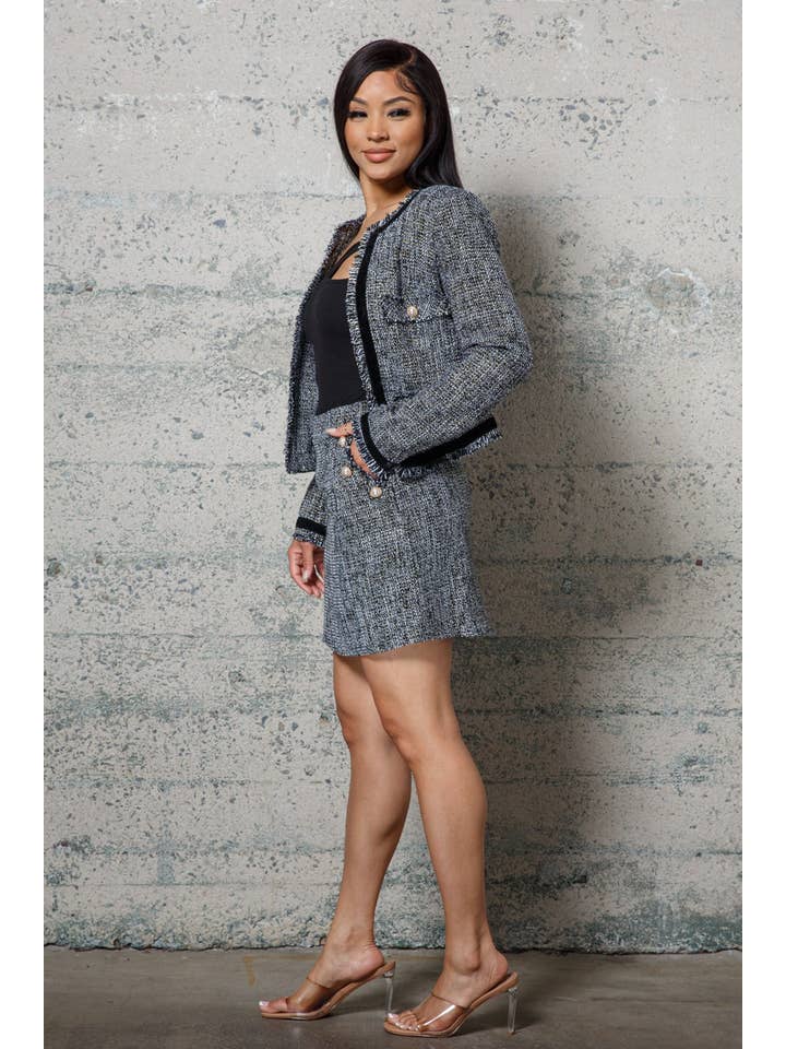 BLACK CREAM METALLIC Tweed Button Jacket & Skirt set for wholesale on Faire4