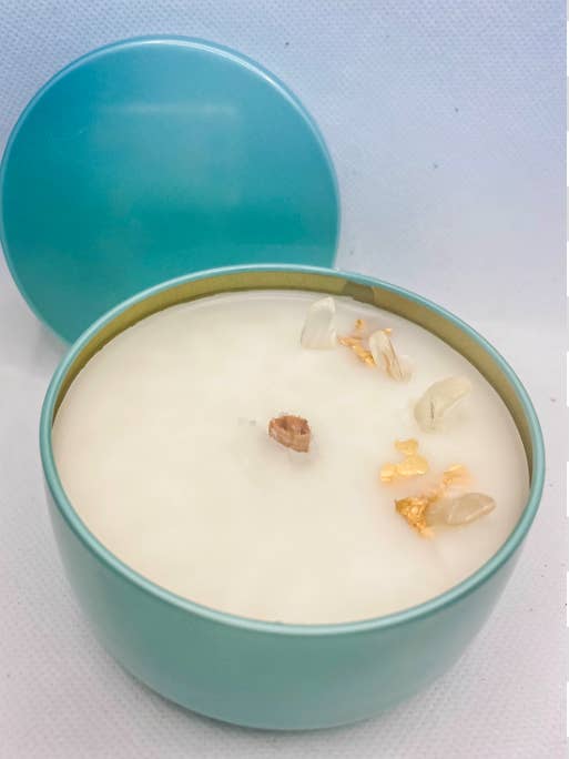 4-Pack - 7oz Tiffany’s Golden Bud Tin Candles w/ Wooden Wick for wholesale by C. Simone Candles