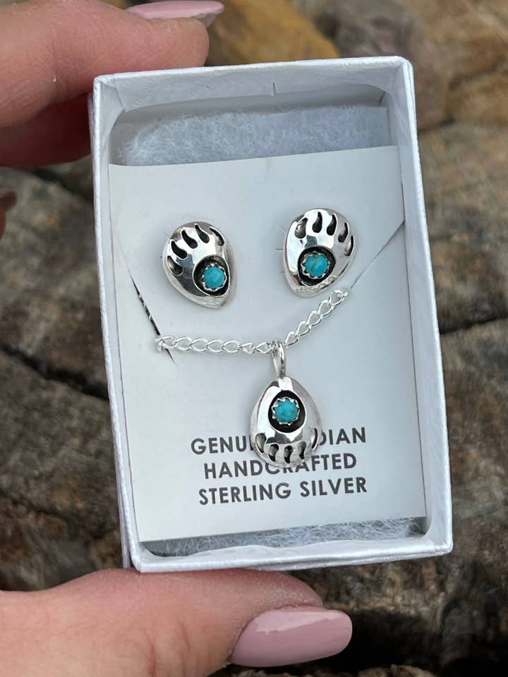 Navajo Sterling Silver Turquoise Bear Paw Set for wholesale by Nizhonitradersllc