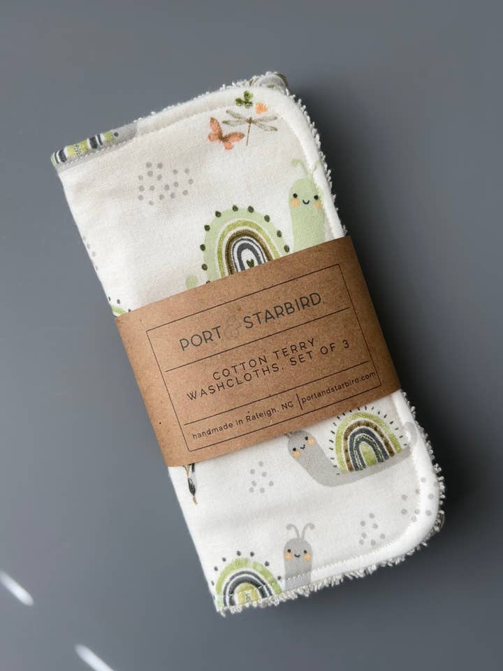 Snailed It Cotton Flannel Terry Washcloths, set of 3 for wholesale by Port & Starbird