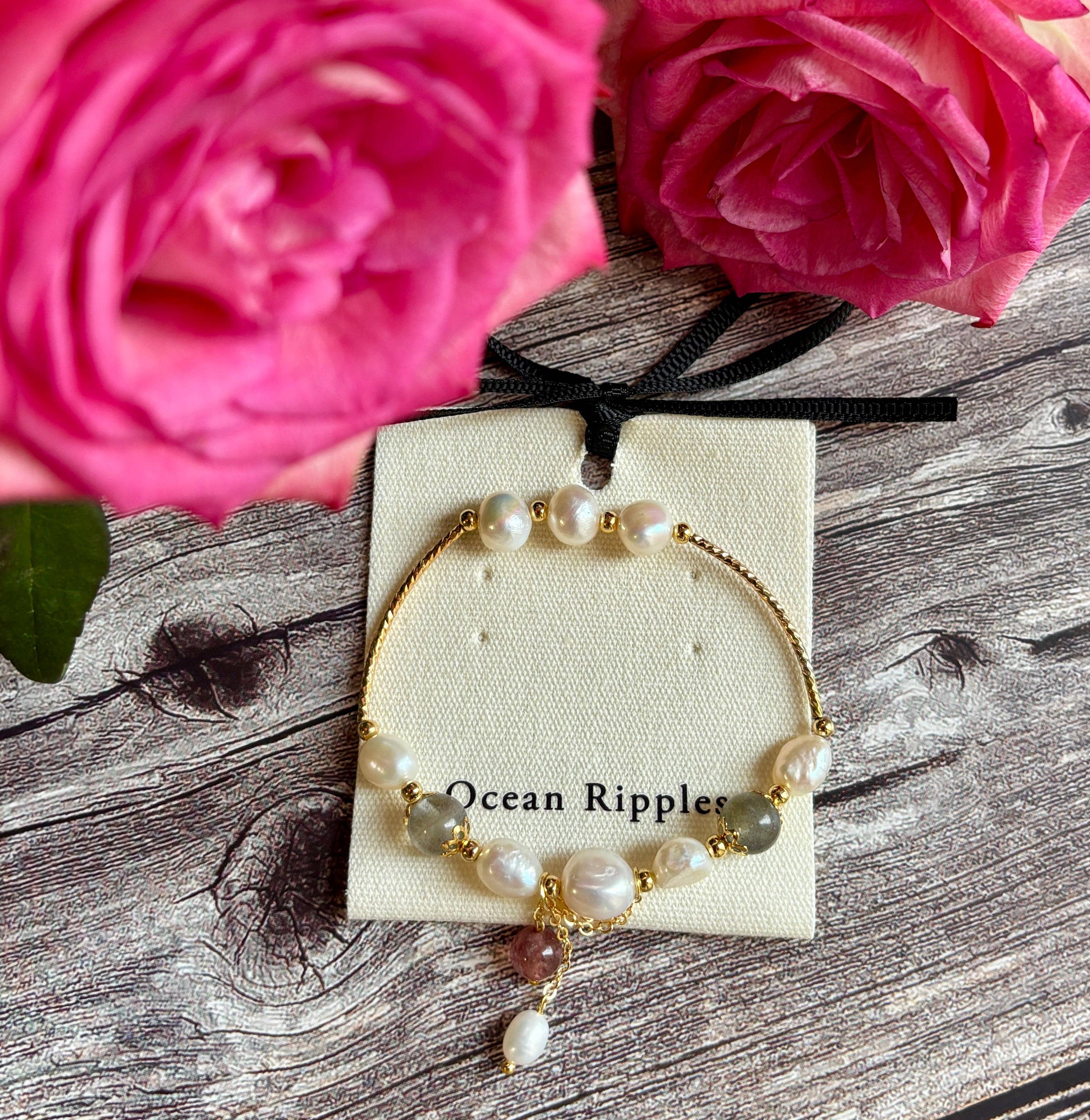 Ocean Ripples - Wholesale Beaded Bracelet - 14ct Gold Plated Fresh Water Pearl Moonstone Elastic Bracele1