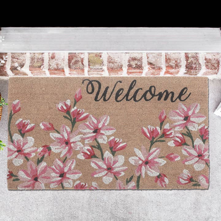 Black Coir Door Mat Magnolia Blossom Welcome for wholesale on Faire