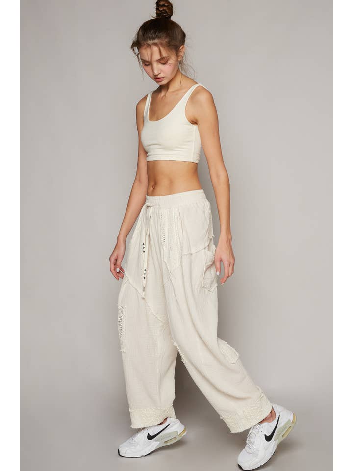 Pol Clothing - Wholesale Pants - Women's - Double gauze wasit band strechable lace trim harem pants