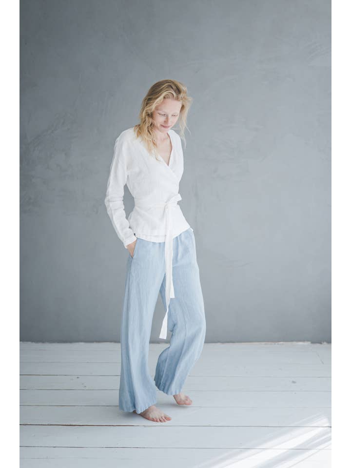 Epic Linen - Wholesale Blouse - Women's - Linen Wrap Blouse, Long Sleeve Top1