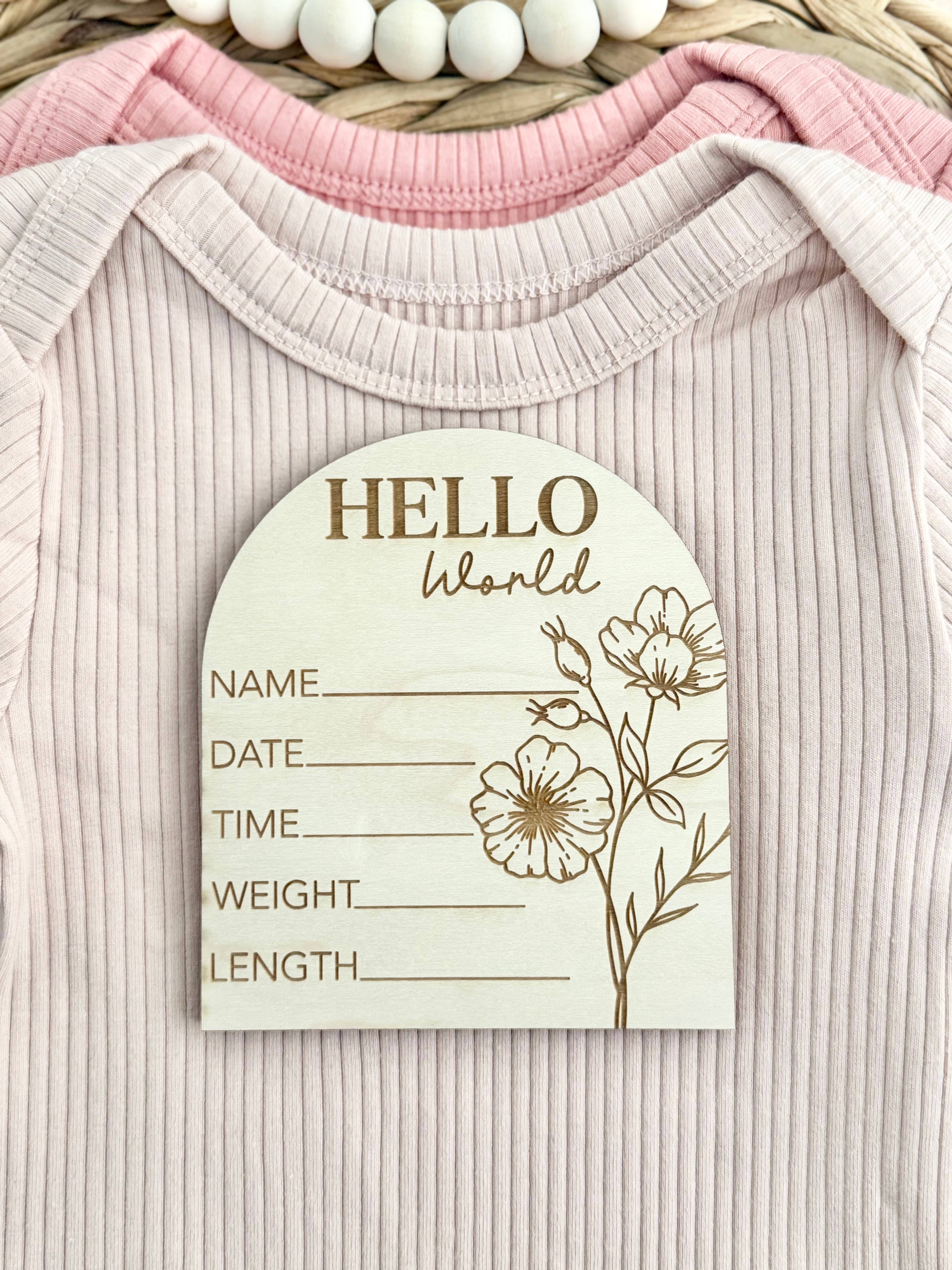 Mallory Jayde Home and Gifts - Wholesale Milestone Art/Keepsake - Kids & Baby - Floral Hello World Wooden Disc