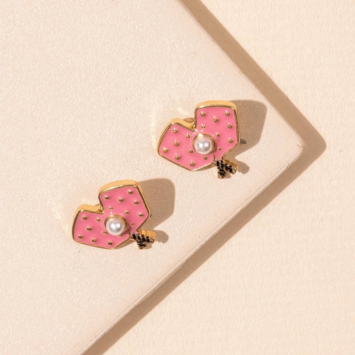 Pink Enamel Pickleball 18K Gold Dip Stud Earrings for wholesale on Faire1