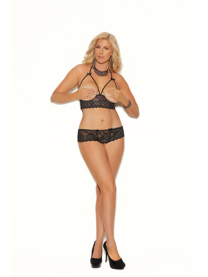 Nero Set reggiseno all'americana senza coppe e perizoma senza inguine Elegant Moments in vendita all'ingrosso su Faire