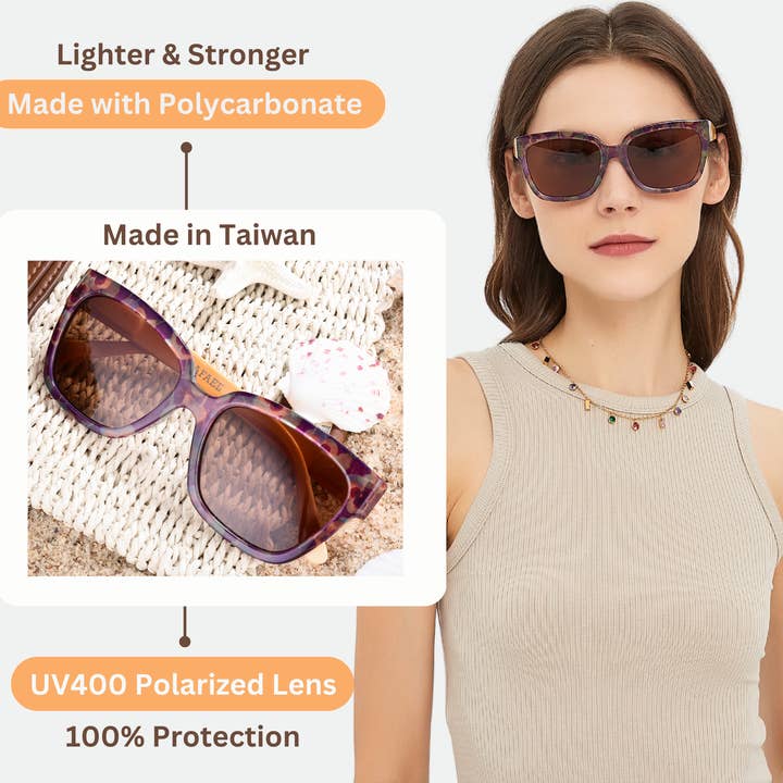 Leafael LLC - Wholesale Sunglasses - Women's - Sunglasses Womens Trendy Retro Purple Floral Design | Polarized UV Protection | Square Cat Eye Frame | Casual & Active6