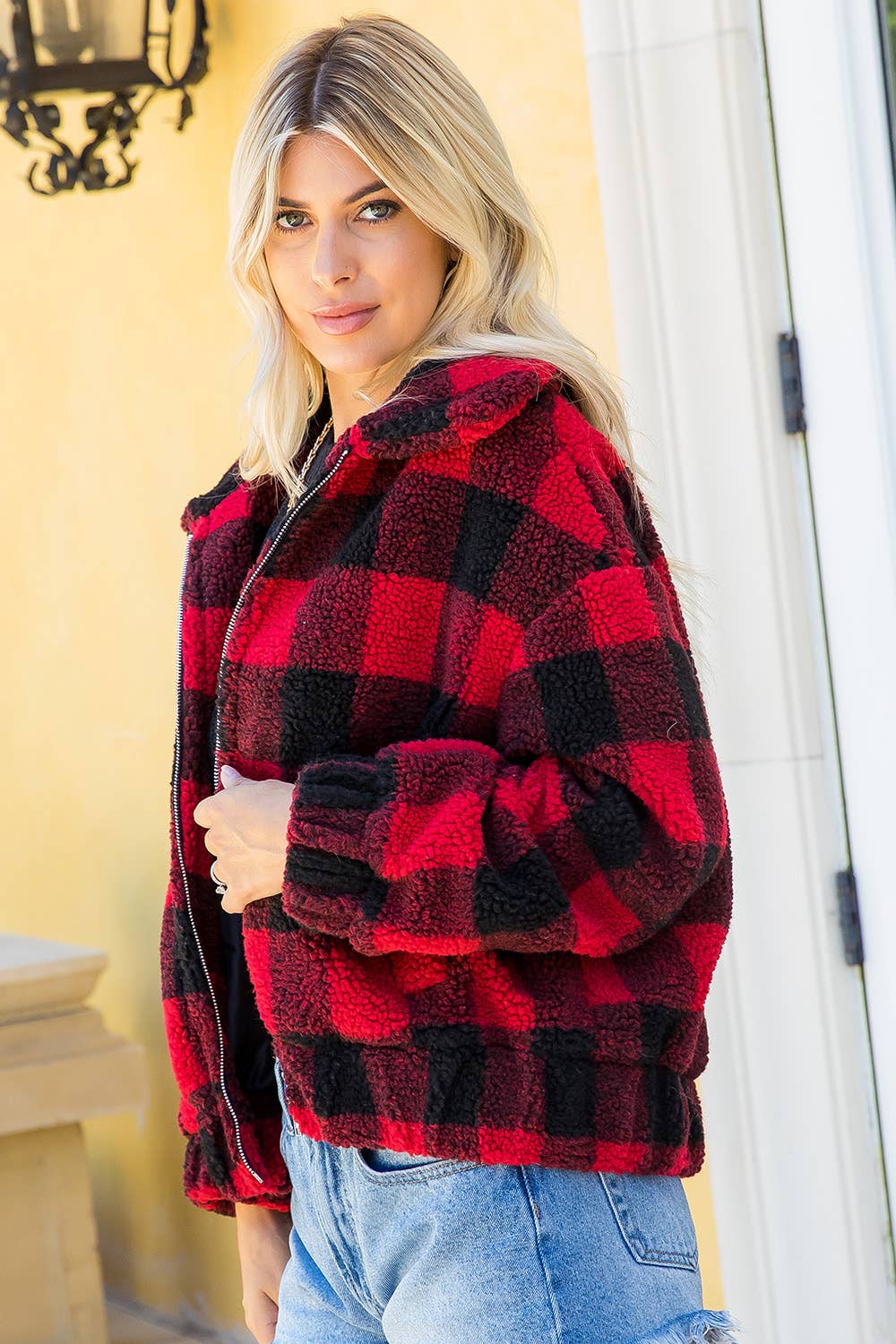 RED BLACK PLAID CHECKER ZIPPED JACKET for wholesale on Faire4