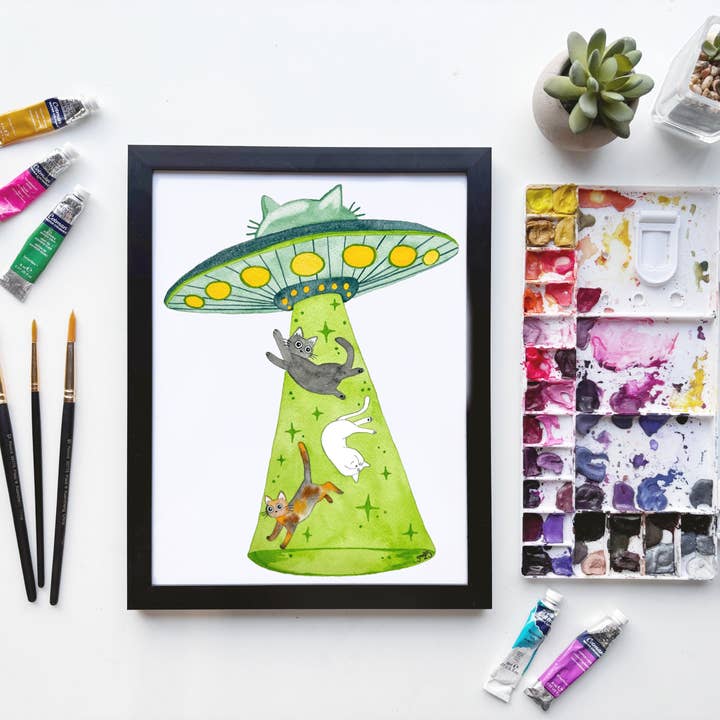 Cat Alien Abduction Print – UFO Cat Illustration for wholesale by Owlfeathers Watercolor