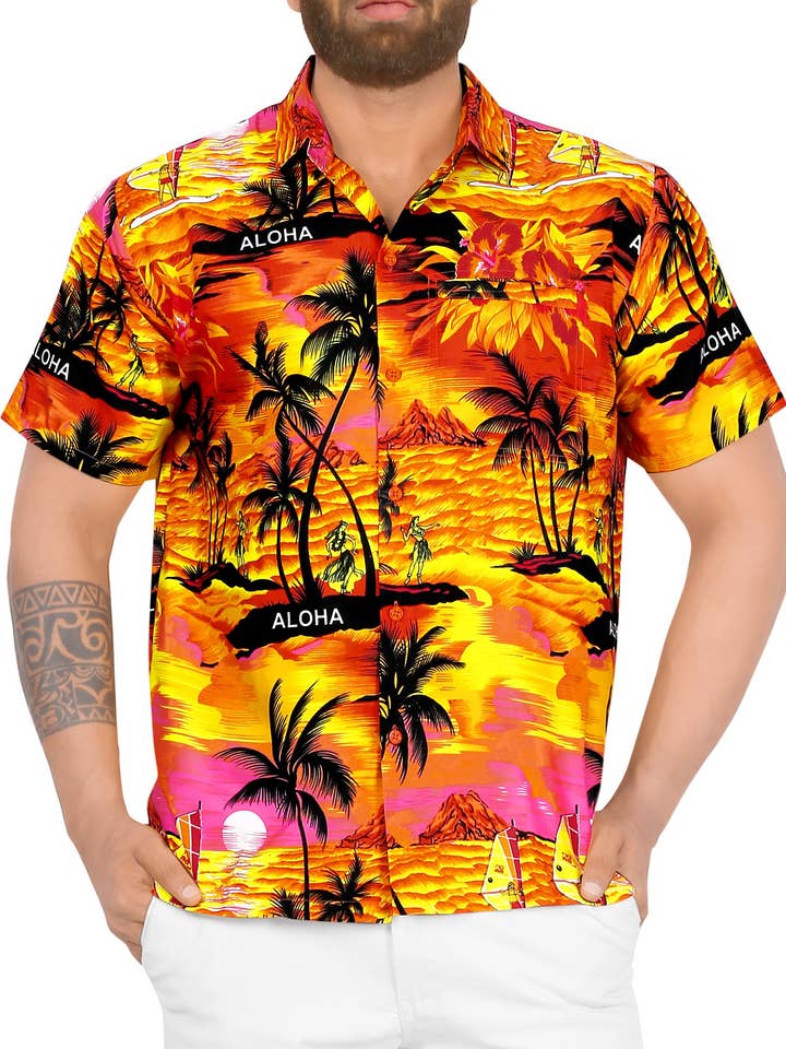 Chemise de plage hawaïenne LA LEELA pour homme, orange, métallisée, taille S pour la vente par LA LEELA \ HAPPY BAY