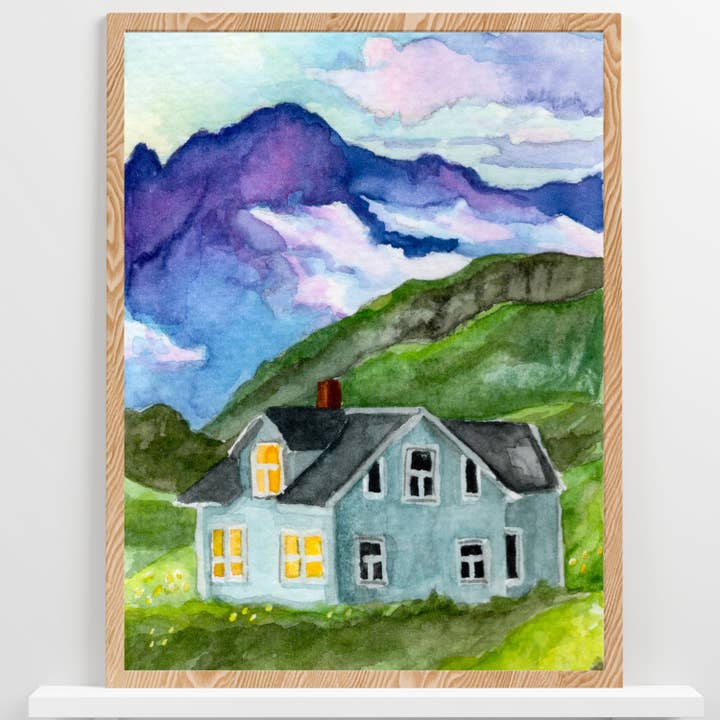 Winziges Haus und Berglandschaft | Aquarelldruck für den Großhandel von Wild Life Design Co.