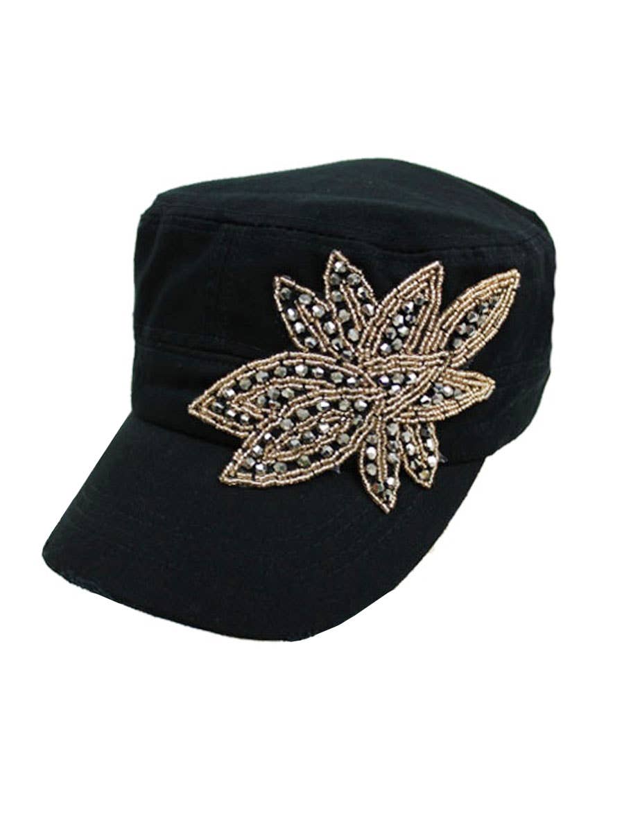 Cap Zone - Wholesale Baseball Cap - Women's - Pewter Gold Floral Applique Cotton Cadet Cap0