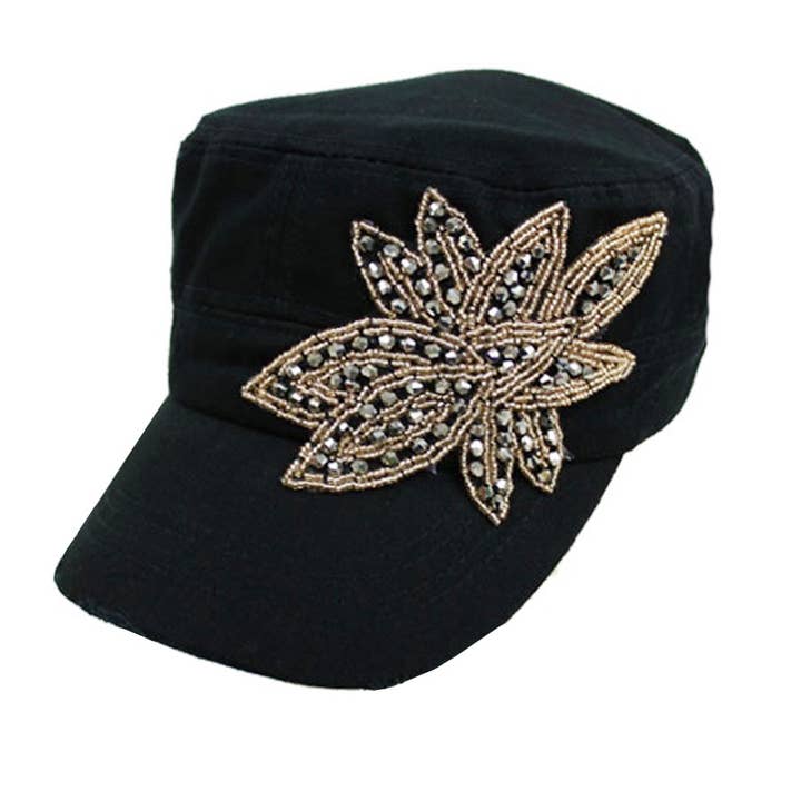 Cap Zone - Wholesale Baseball Cap - Women's - Pewter Gold Floral Applique Cotton Cadet Cap