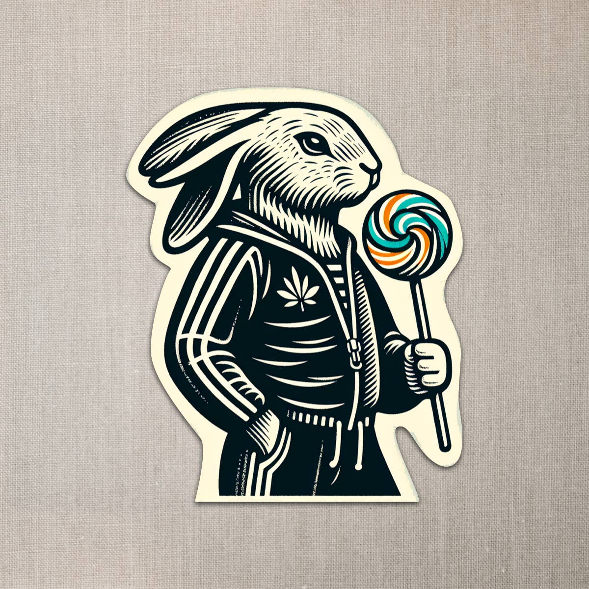 Laughing Mule Press - Wholesale Sticker - Rabbit with Lollipop in Tracksuit Sticker1