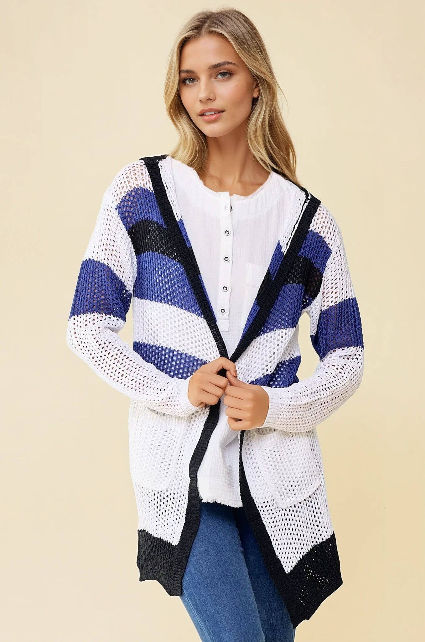 Navy Black Multi Stripe Hoodie Cardigan - 10138J for wholesale on Faire1