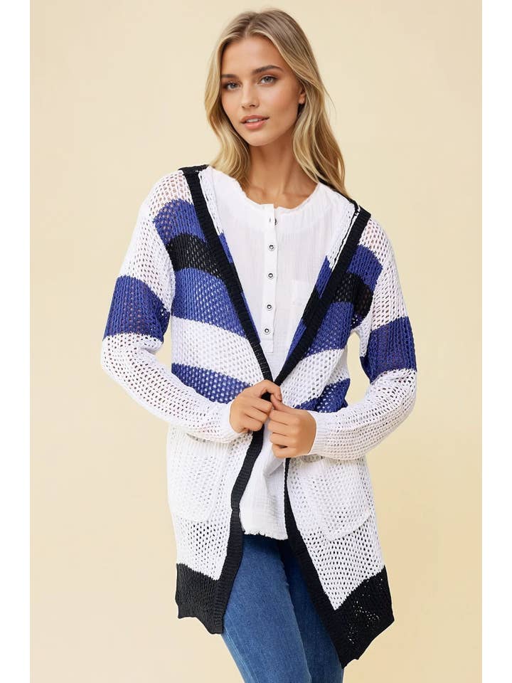 Navy Black Multi Stripe Hoodie Cardigan - 10138J for wholesale on Faire1