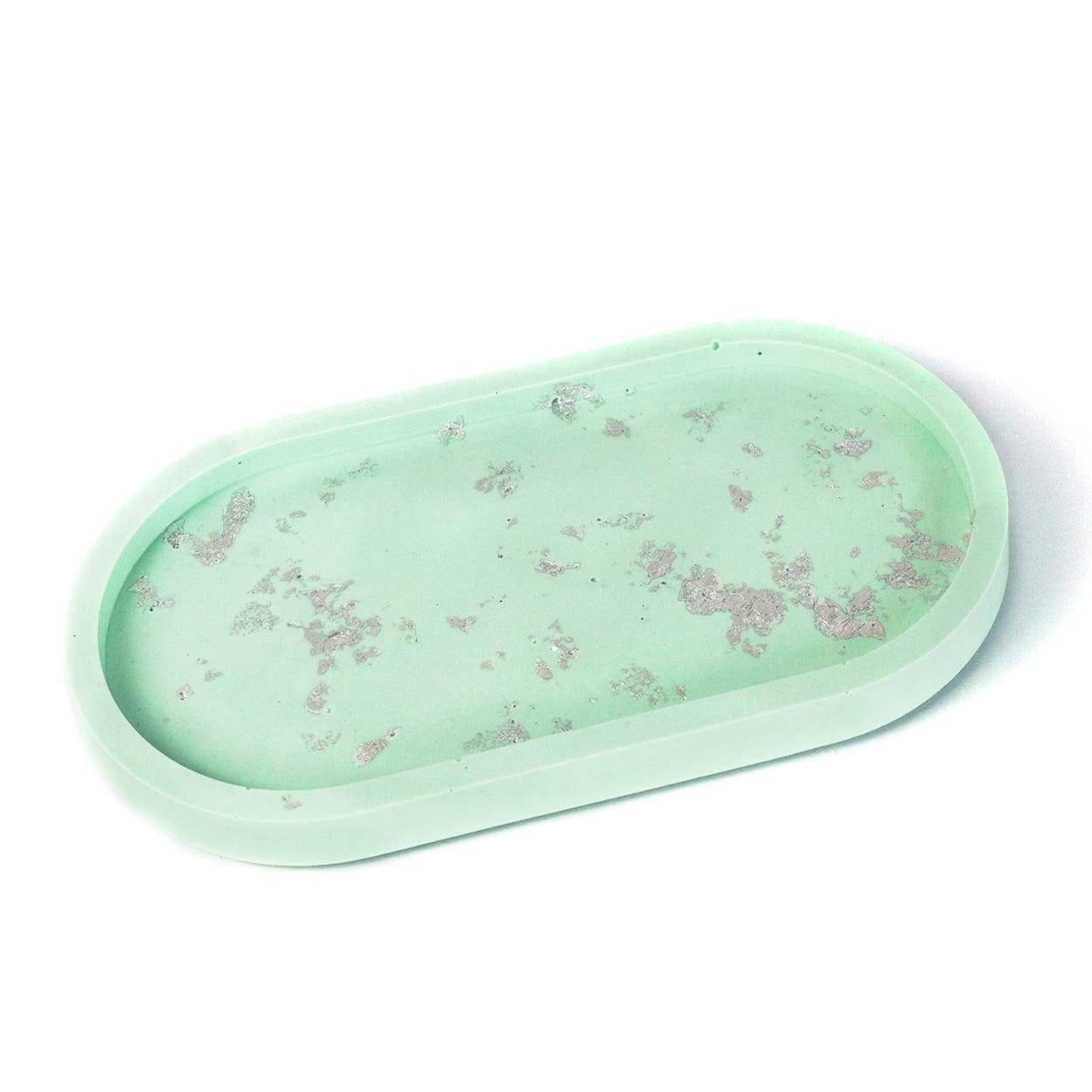 Nine Angels - Wholesale Jewelry Dish - Jesmonite oval trinket tray, pastel green with silver leaf3