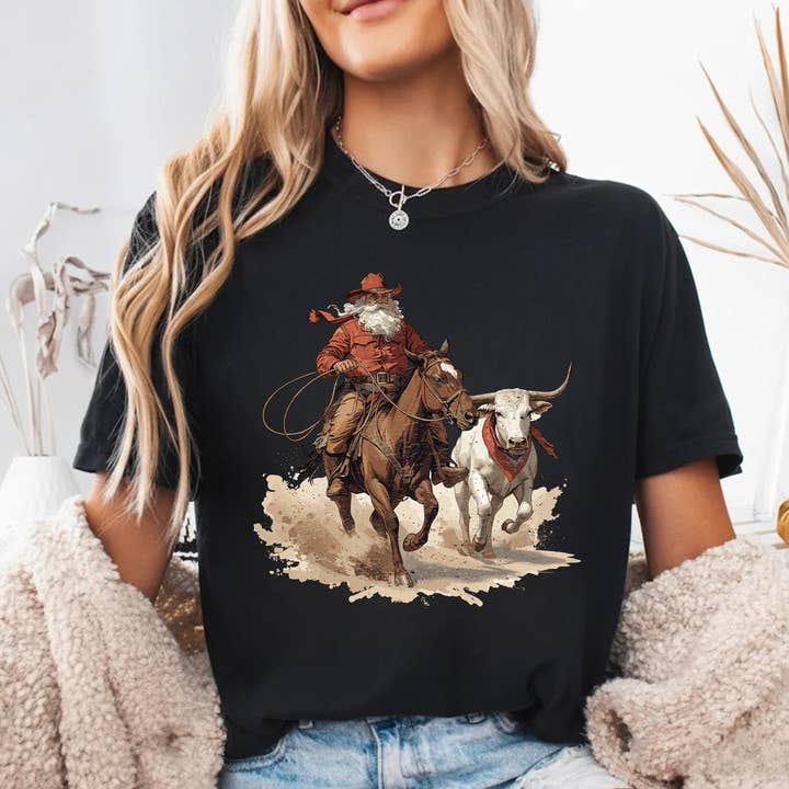 Glaime - Wholesale T-Shirt (Graphic) - Women's - Cowboy Santa Western Roping Christmas Comfort Colors Shirt3