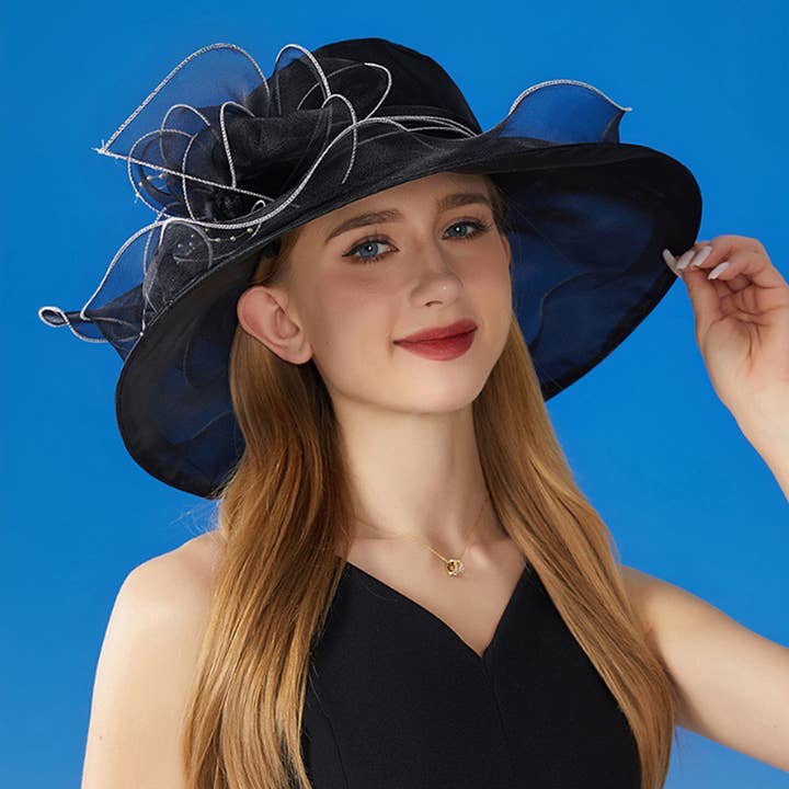 AK Brand - Wholesale Fascinator Hat - Women's - Wide Brim Organza Dress Hat with Sheer Ribbon Floral Design11