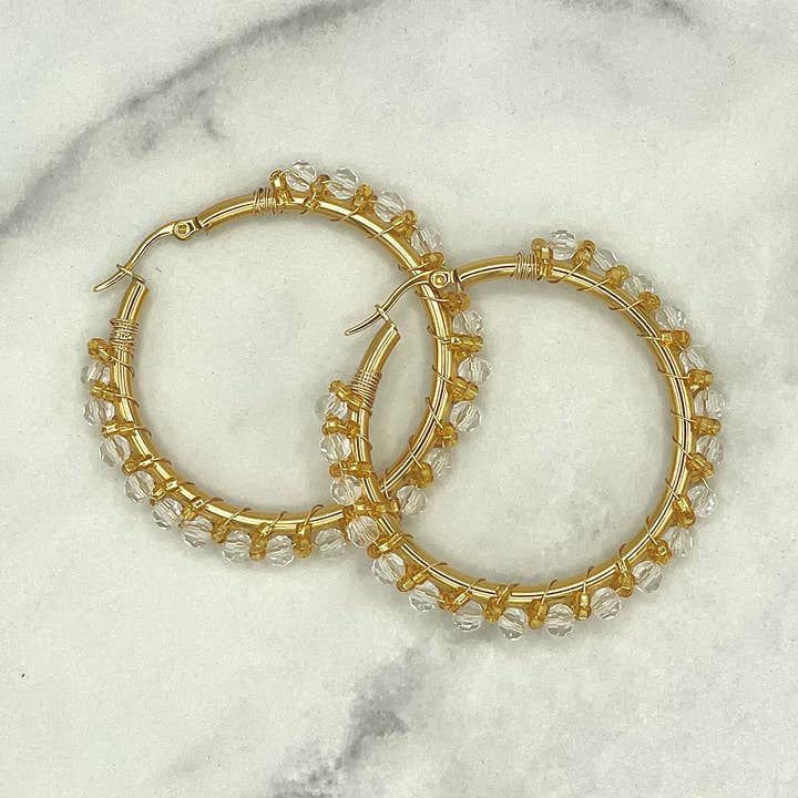 Festive - Gold bead wrapped hoop earrings for wholesale by Five and Seven Jewelry Co.