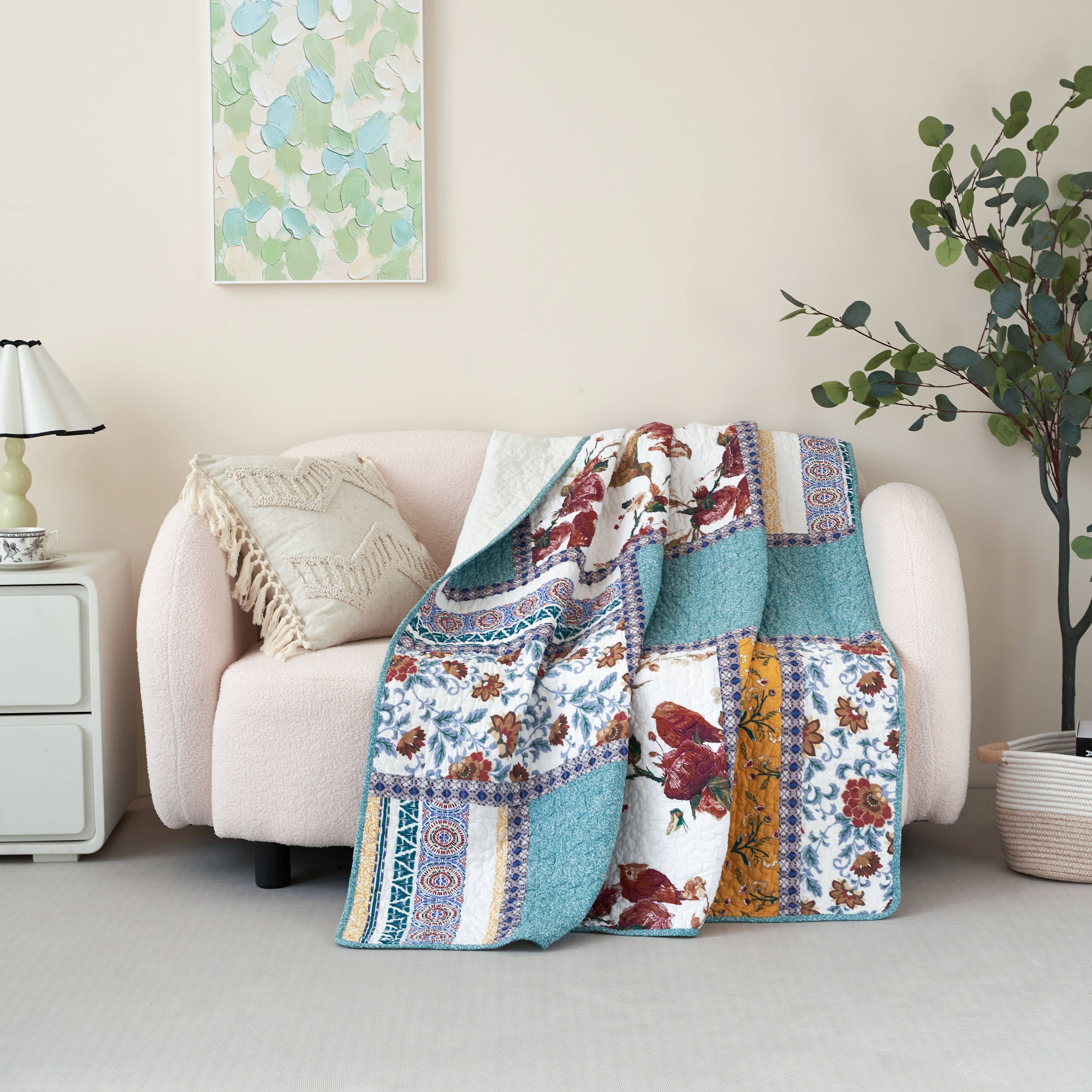 Tache Home Fashion - Wholesale Throw Blanket - Tache Cotton Patchwork Old World Garden Pastel Blue Yellow Red Hummingbirds Quilted Throw Blanket (JHW-936)1