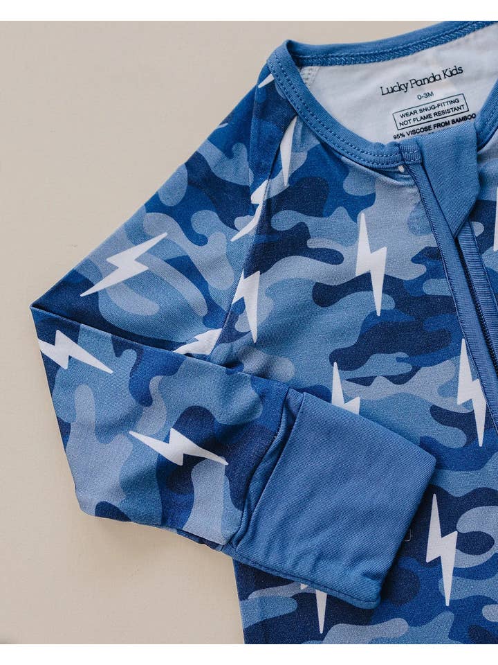 Lucky Panda Kids - Wholesale Jumpsuit - Baby - Bamboo Zip Romper | Blue Camo Bolts6