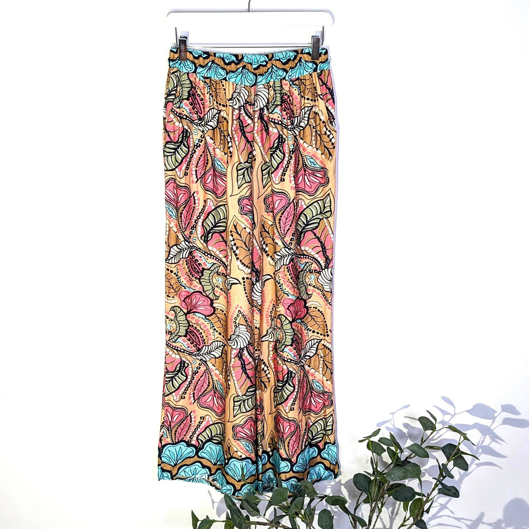 Tempest Designs – wholesale Pants – Women's – Batik style print straight leg viscose trousers with coloured border0