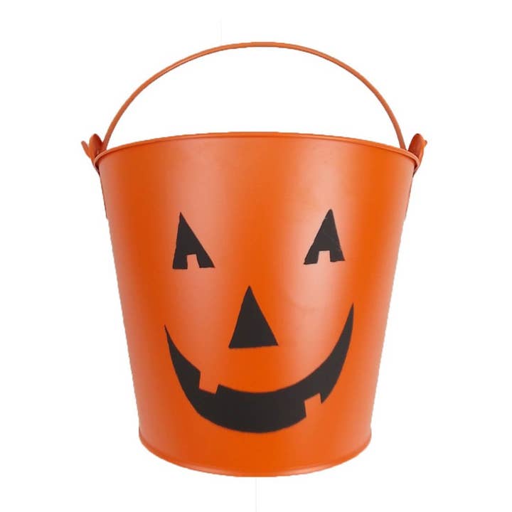 Tin hink med Jack-O-lykta ansikte, handtag och Chalkboard, Orange-Svart - 7,5" Tall för wholesale av Birch Maison