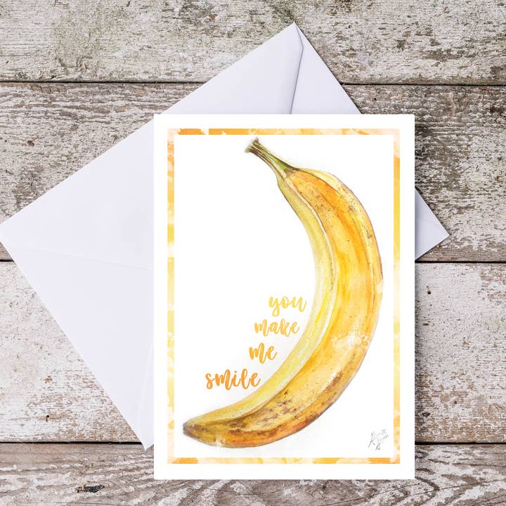 Banana Watercolor Friend "You make me smile" folded card for wholesale by Art Reflects Light