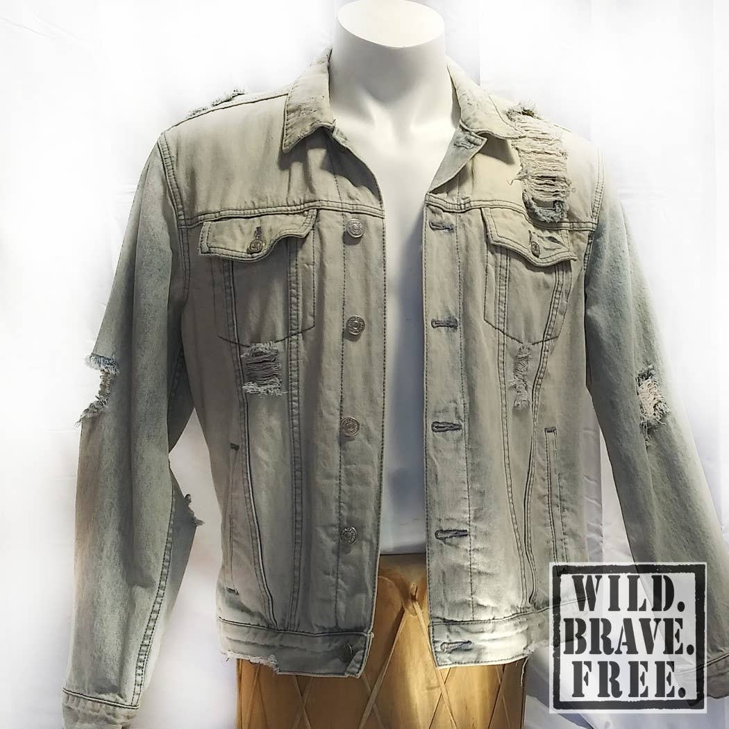 WILD. BRAVE. FREE. - Wholesale Denim Jacket - Men's - "Sky Valley" One of A Kind, Men's Denim Art Jacket (L)3