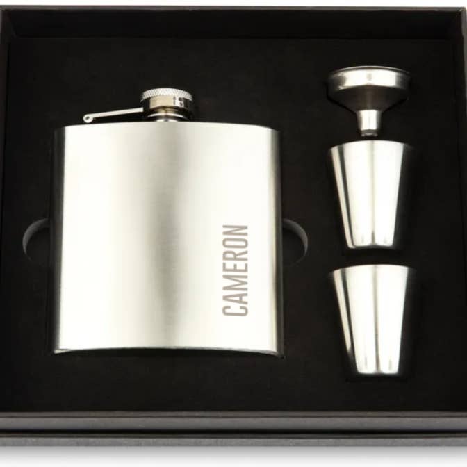Weddingstar Inc. - Wholesale Flask - Stainless Steel Hip Flask Gift Box Set - Vertical Name1