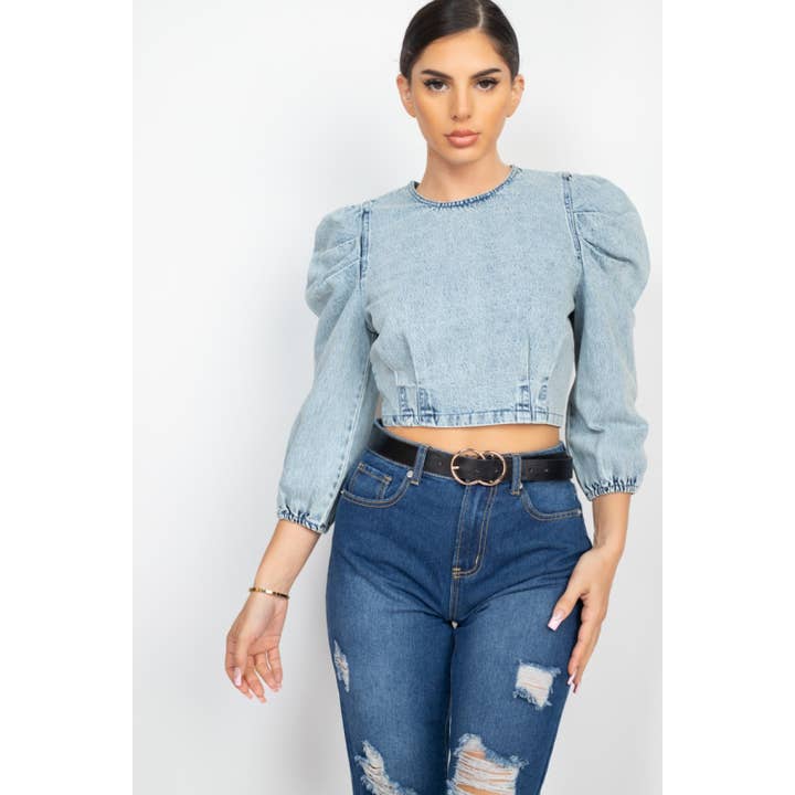 Round Neck Puff Sleeves Denim Top for wholesale by Apolline
