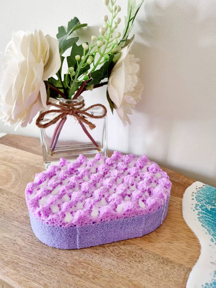 Violet Sparkle Soap Infused Exfoliating Massage Sponge for wholesale by Cottage Fresh Scents