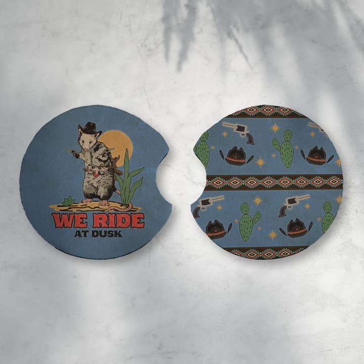 Opossum Cowboy Car Coasters for wholesale by Cluster Funk Studio