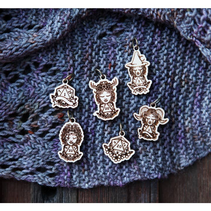 Sunrise Grove - Wholesale Knitting/Crochet Supplies - D20 Dice Stitch Markers Maple Set of 6 DND Classes