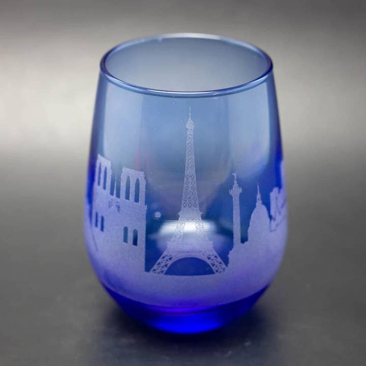 Paris, France Skyline Blue Stemless Wine for wholesale by Urban & Etched