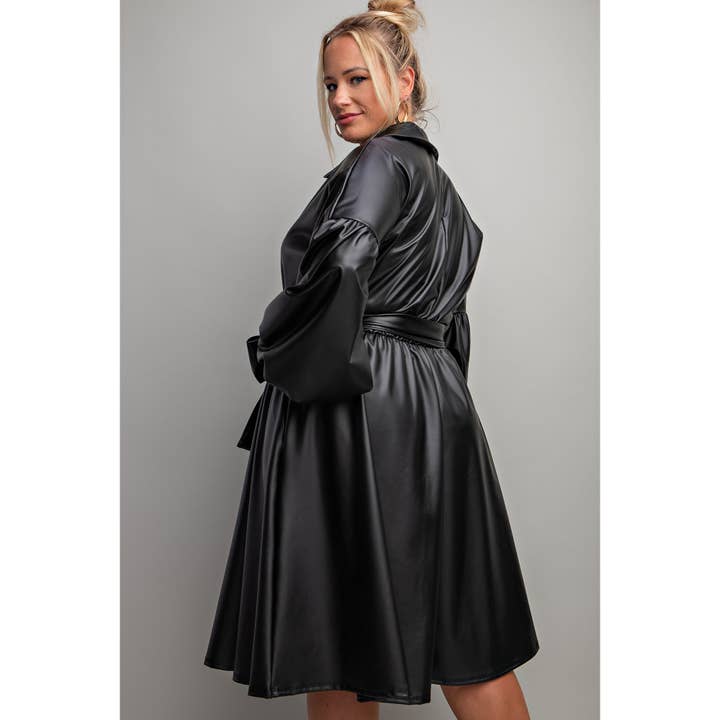 BLACK 74398-1CD PLUS FAUX LEATHER BUTTON FRONT FIT FLARE DRESS for wholesale on Faire