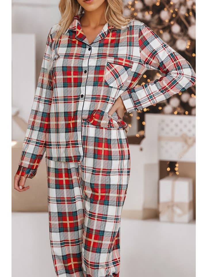Red LDC Christmas Plaid Long Sleeve Shirt and Pants Pajama Set for wholesale on Faire