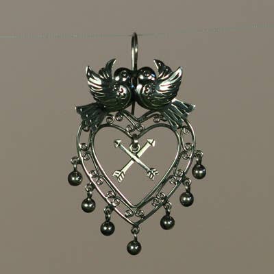 Sterling Birds with heart and Arrows Earrings for wholesale by Moosepablos, Inc.