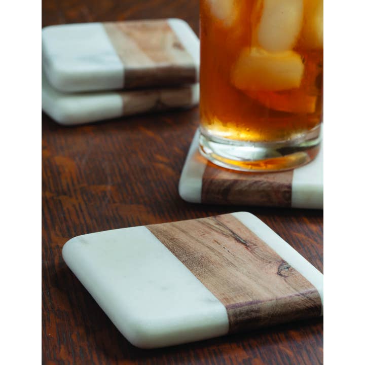 Be Home - Wholesale Coasters - White Marble & Wood Square Coasters, Set of 41