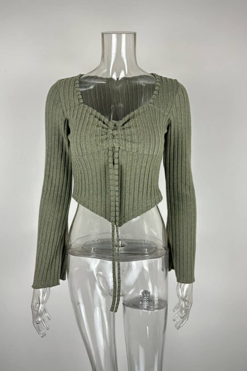 NINEXIS - Wholesale Blouse - Women's - CWTBLL3790_V NECK DRAWSTRING FLARE SLEEVE CROP TOP7