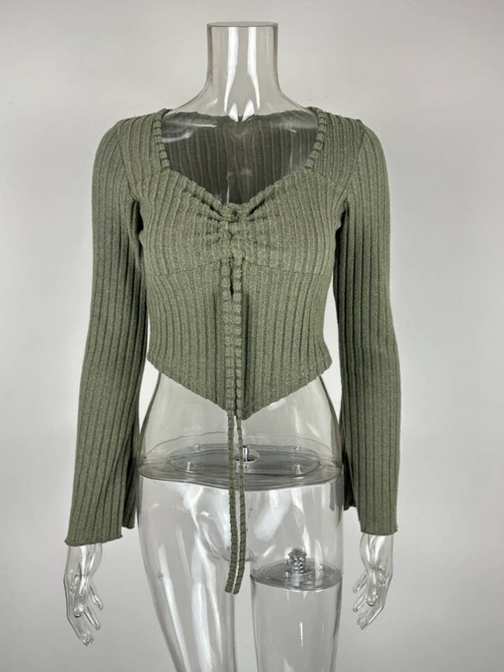 NINEXIS - Wholesale Blouse - Women's - CWTBLL3790_V NECK DRAWSTRING FLARE SLEEVE CROP TOP7