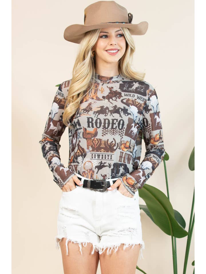 Light Grey Brown AV1230-AUBREY WESTERN RODEO SEMI SHEER MESH TOP for wholesale on Faire9
